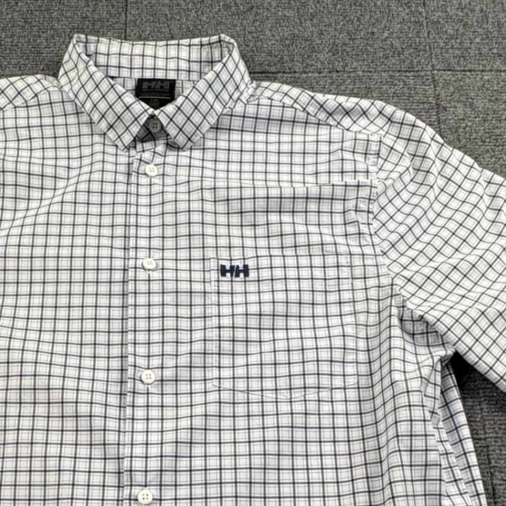 Helly Hansen Mens Large Plaid Short Sleeve Button Down Shirt White Navy Blue HH